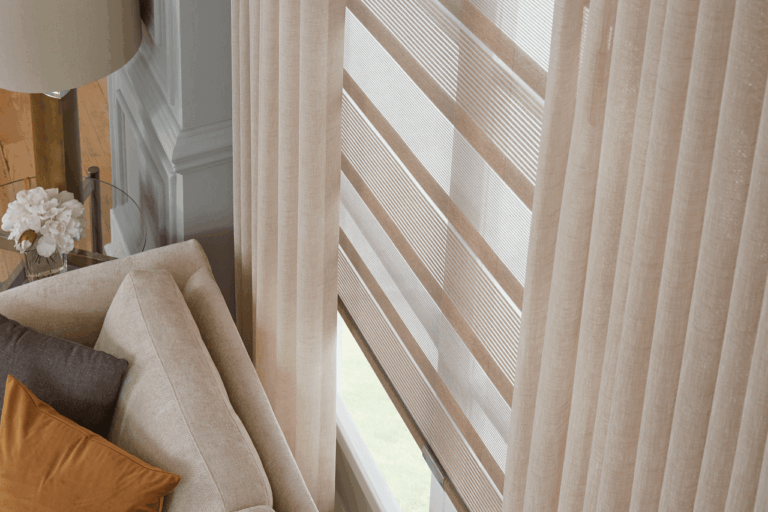 Beige-color-drapes-paired-with-sheer-horizontal-shades-meridian-idaho