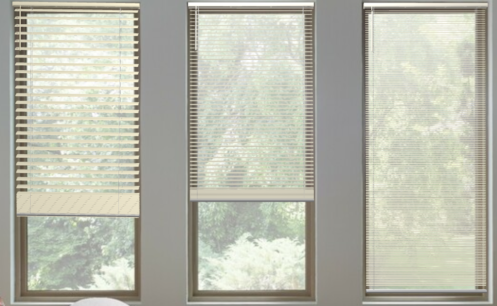 3 windows with different sized slats