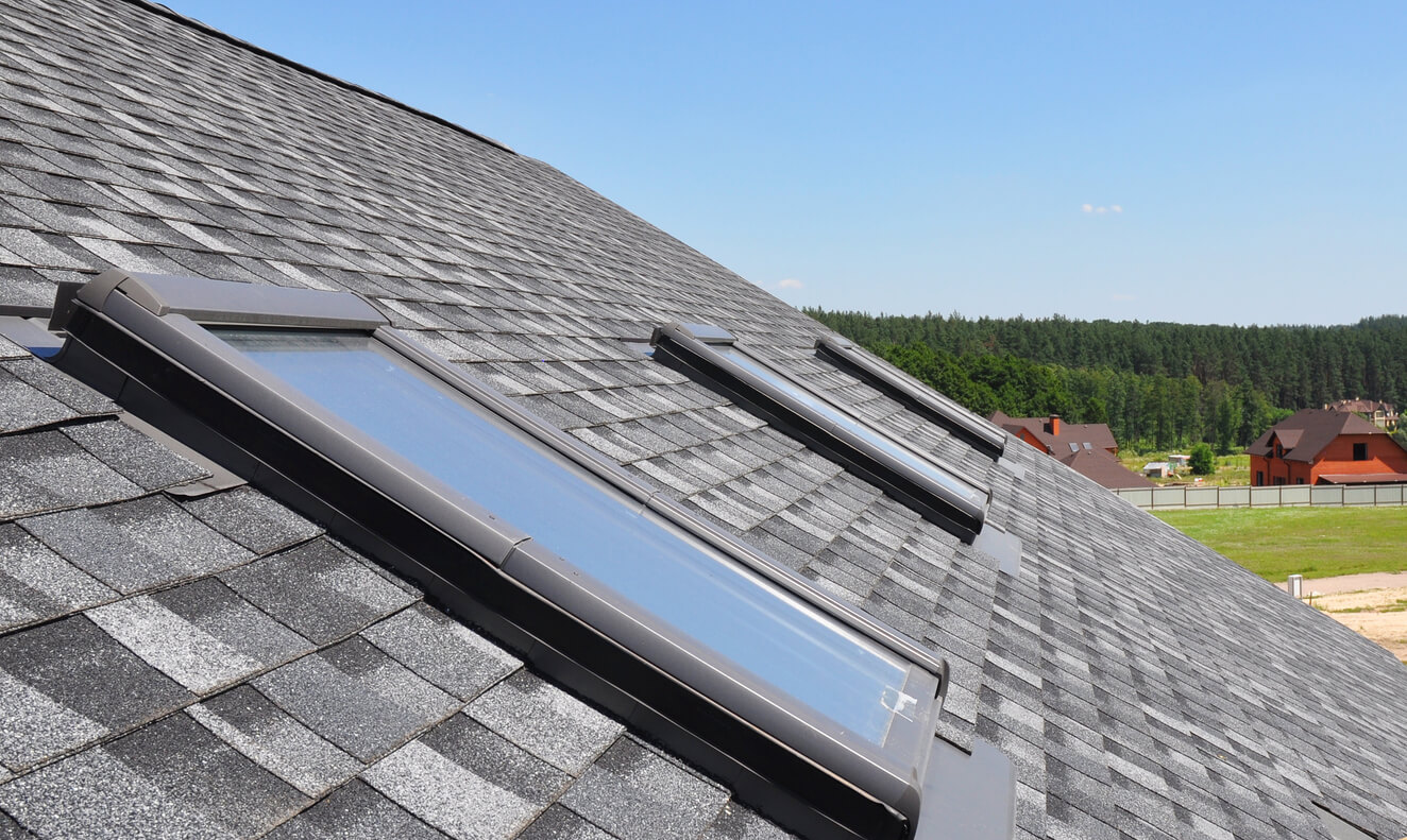 exterior of roof skylights with light filtering shades