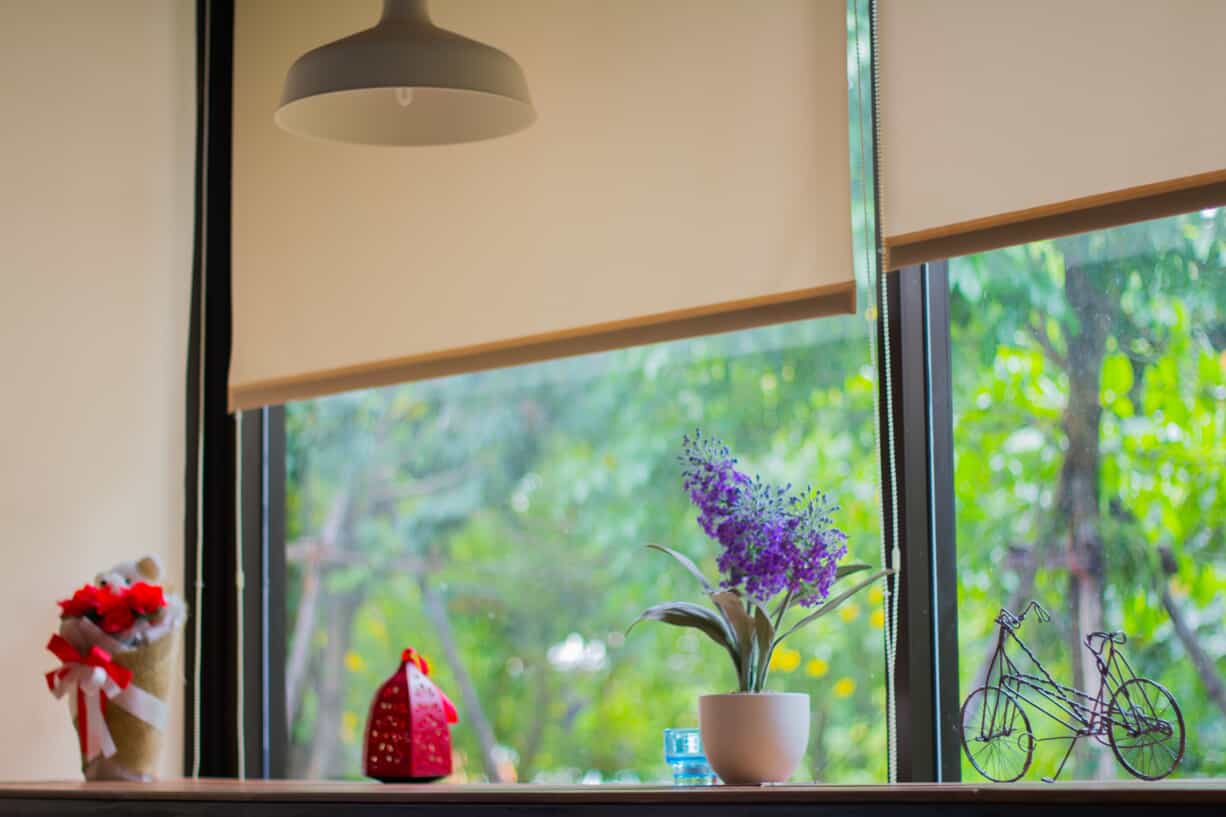 windows with roller shades in home office