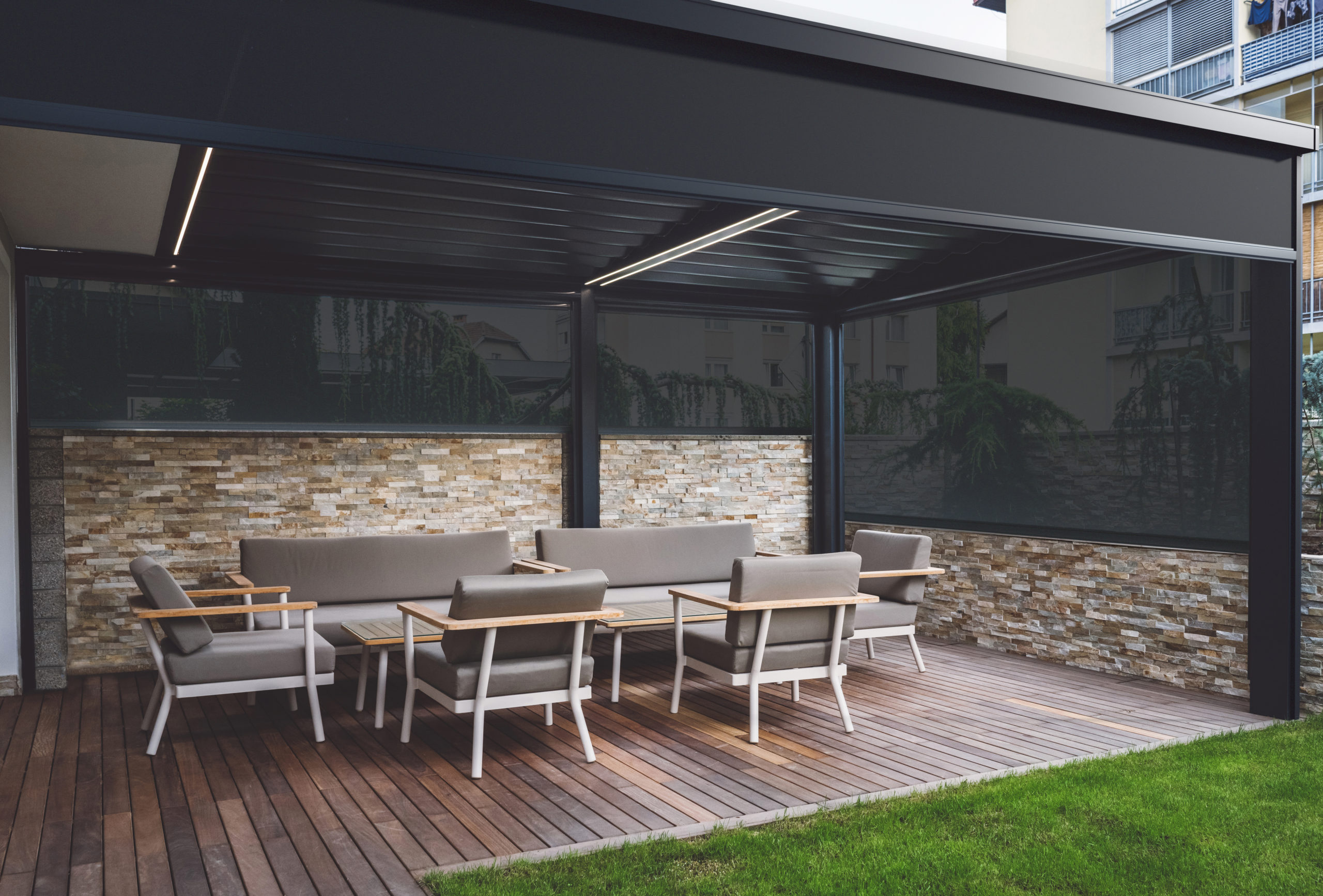 black exterior shades in outdoor seating area