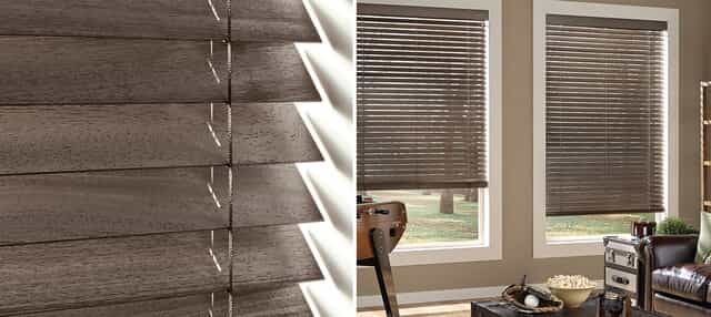 Wood blinds with untangled strings on Redondo Beach living room windows