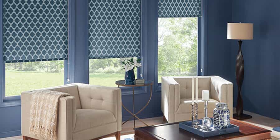 Custom patterned window shades in dark blue modern Seacoast home