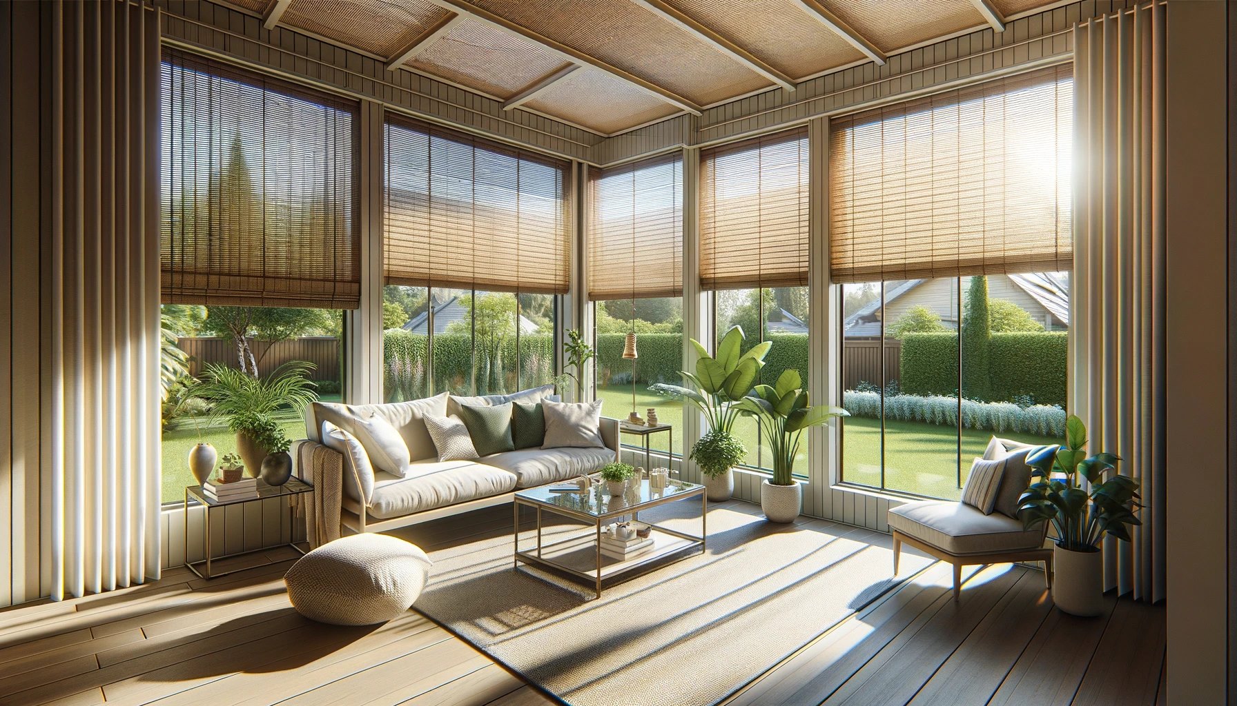 sunroom with woven wood blinds
