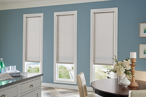 White window treatments blue room