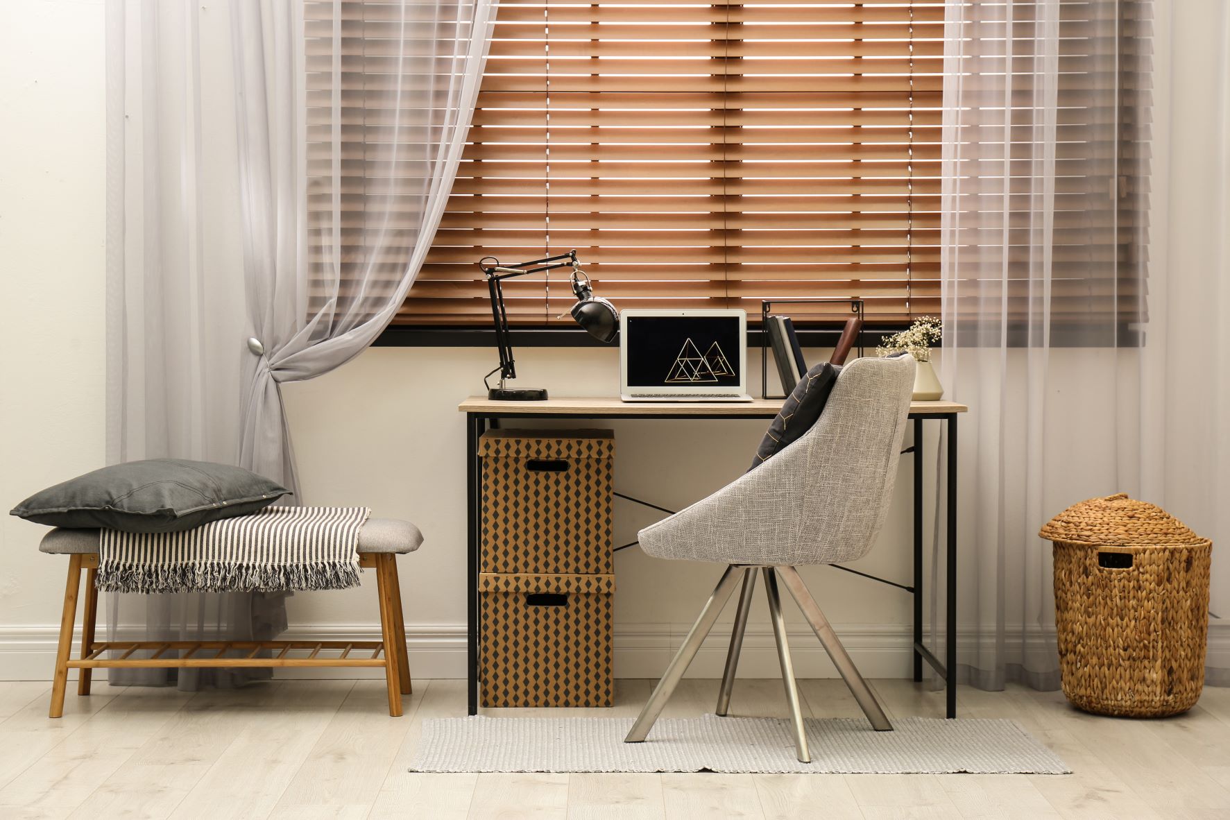 white room with brown blinds