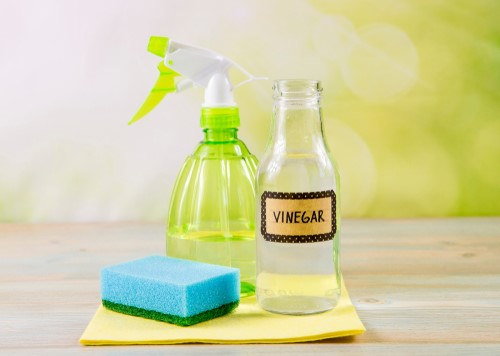 gloved hand disinfecting blinds with vinegar