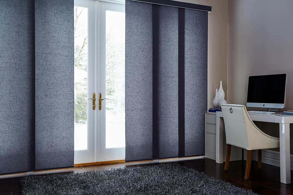 grey panel track shades over sliding glass doors