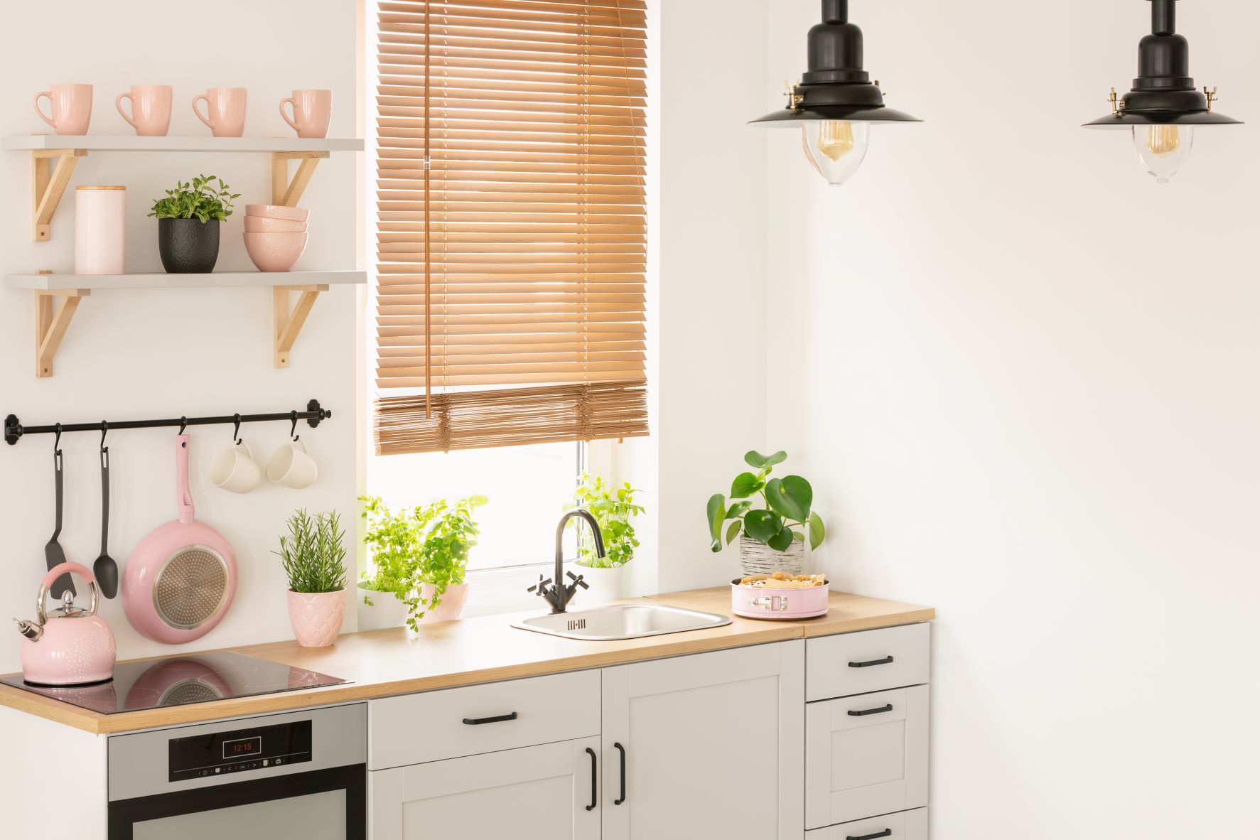 wooden blinds matching wooden countertops in kitchen